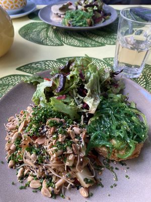 Peanut noodles, sweet potato burger and salad  at Rotas da Ilha Verde in Sao Miguel
