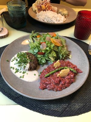 This is the beetroot risotto and mushroom burger   at Rotas da Ilha Verde in Sao Miguel