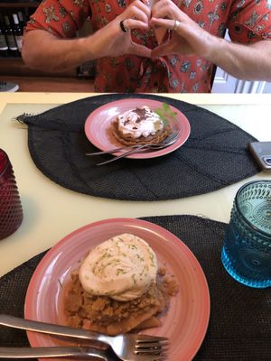 These are the vegan desserts:  apple crumble and banger  at Rotas da Ilha Verde in Sao Miguel