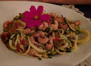 Zucchini pasta with cashews and vegetables at Rotas da Ilha Verde in Sao Miguel