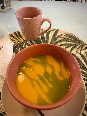 Carrot soup with parsley infused olive oil (lunch portion).  at Rotas da Ilha Verde in Sao Miguel