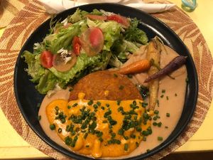 Lentils and sweet potato burger with shimeji gravy, baby carrots and white bean purée   at Rotas da Ilha Verde in Sao Miguel