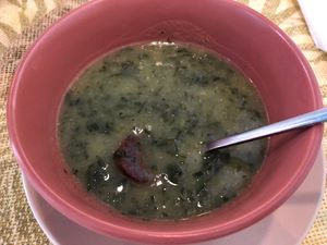 “Caldo verde” with vegan “chouriço "  at Rotas da Ilha Verde in Sao Miguel