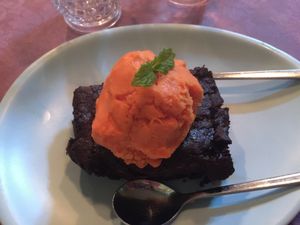 Brownie with tangerine ice cream at Rotas da Ilha Verde in Sao Miguel