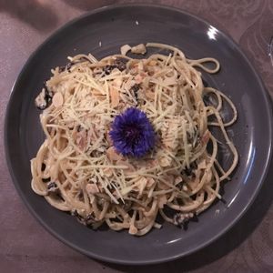 Vegan mushroom carbonara—so rich and delicious!  at Rotas da Ilha Verde in Sao Miguel