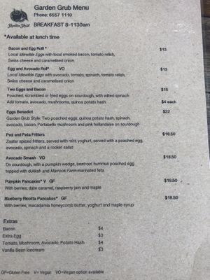 Breakfast menu 17/10/2020 at Garden Grub Cafe in Wingham