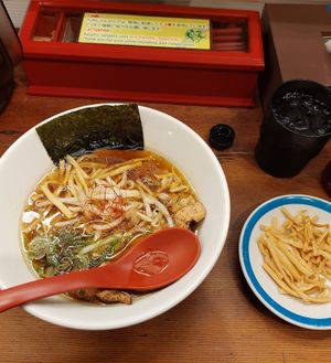 Vegan ramen plus extra bamboo shoots, note the reusable chopsticks. at Kyushu Jangara Ramen - Akihabara in Tokyo
