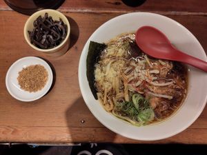 Extra toppings: mushrooms (ok but not special), fried garlic (very garlicy *_*) at Kyushu Jangara Ramen - Akihabara in Tokyo