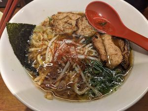 Vegan ramen with extra plant based meat at Kyushu Jangara Ramen - Akihabara in Tokyo