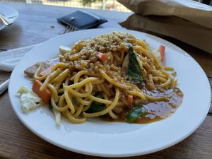 Satay noodles with mock meat at PingAn Veggie Time in Bowden