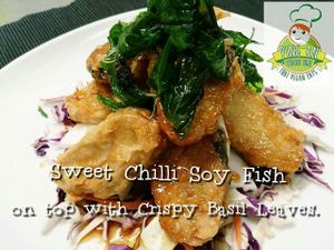 Sweet Chilli Soy Fish on top with Crispy Basil Leaves. #100%Vegan

Enjoy our soy fish, let the fish swim!
 at PingAn Veggie Time in Bowden