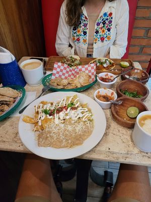 Chilaquiles and tacos at El Jardin Buffet Nutricional Vegetariano in Guadalajara