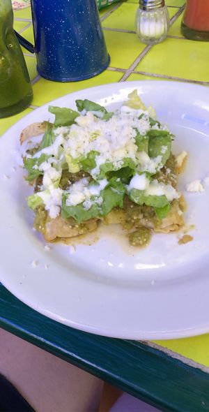 Enchiladas verdes with vegan cream and cheese at El Jardin Buffet Nutricional Vegetariano in Guadalajara