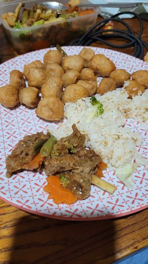 Mongolian Beef, Rice, Sweet and Sour Chicken at Trio's Takeaway in Embleton