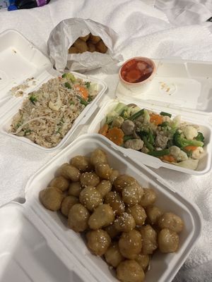 Honey Chicken, Garlic Chicken, Sweet and Sour Pork and Vegetable Fried Rice   at Trio's Takeaway in Embleton