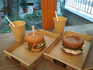 Burgers and soups, as served in October 2019 :) at Tökmag Vegan Street Food in Budapest