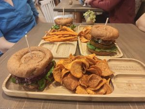 Green Pea / Beetroot / Nachos Burgers, sweet potato fries, sweet potato chips at Tökmag Vegan Street Food in Budapest