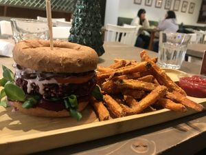 Beet burger and sweet potato fries   at Tökmag Vegan Street Food in Budapest