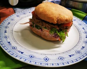 Mushroom burger at Tökmag Vegan Street Food in Budapest