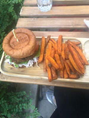 Mushroom burger and sweet potato fries  at Tökmag Vegan Street Food in Budapest