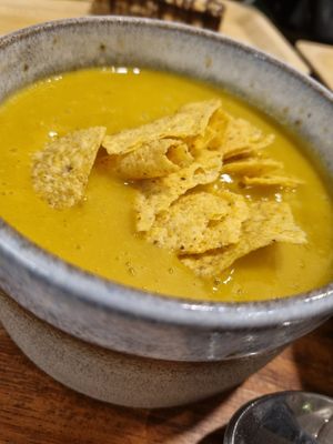Red lentil soup at Tökmag Vegan Street Food in Budapest