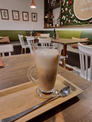 Oatmylk latte at Tökmag Vegan Street Food in Budapest