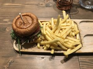 Mushroom burger with fries  at Tökmag Vegan Street Food in Budapest