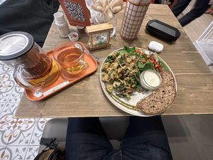 Lapsang sushong, timer, and tofu & mushroom scramble   at Tökmag Vegan Street Food in Budapest