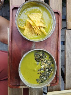 Creamy pea soup at Tökmag Vegan Street Food in Budapest