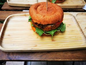 Spicy pumpkin burger at Tökmag Vegan Street Food in Budapest
