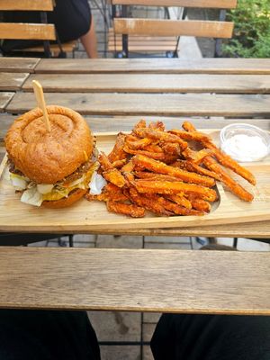 Satay burger with sweet potato fries😍 at Tökmag Vegan Street Food in Budapest