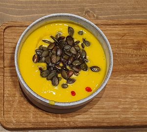 Turmeric lentil soup 🥰 at Tökmag Vegan Street Food in Budapest