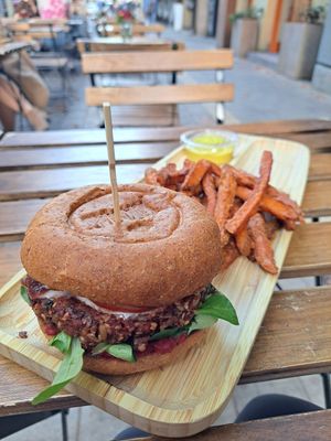 Veg burger with sweet potato fries at Tökmag Vegan Street Food in Budapest
