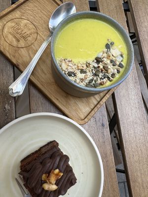 Daily soup: lemony cauliflover chovder, brownie  at Tökmag Vegan Street Food in Budapest