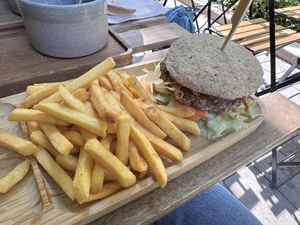 Satay burger with large fries  at Tökmag Vegan Street Food in Budapest