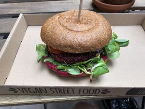 Beetroot burger  at Tökmag Vegan Street Food in Budapest