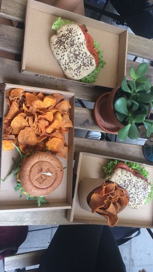 Pumpkin burger with chips and tofu sandwiches  at Tökmag Vegan Street Food in Budapest