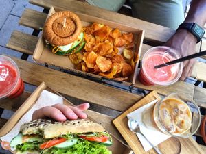 Lovely breakfast/lunch (with iced coffee from a neighbouring coffee shop)  at Tökmag Vegan Street Food in Budapest