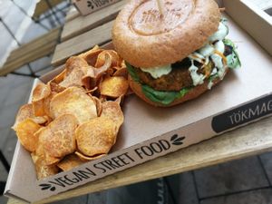 green pea burger at Tökmag Vegan Street Food in Budapest