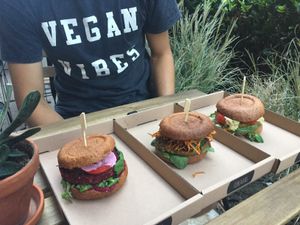 Beetroot, Zucchini and pea burger  at Tökmag Vegan Street Food in Budapest