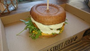 My favorite place! Eating Super Squash Burger. Delicious and healthy! at Tökmag Vegan Street Food in Budapest