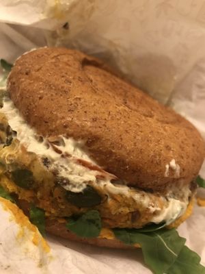 The squash burger (delicious!).  at Tökmag Vegan Street Food in Budapest