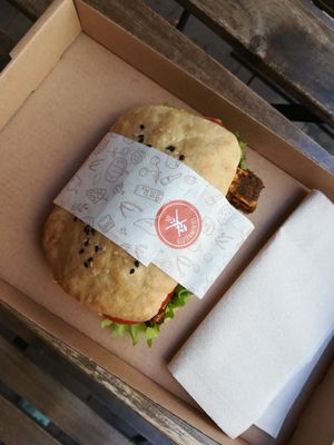 Cilantro-tofu sandwich at Tökmag Vegan Street Food in Budapest