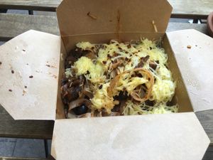 Pasta mushrooms at Tökmag Vegan Street Food in Budapest