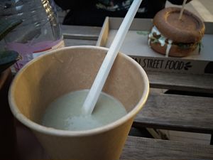 Celery soup and squash burger. at Tökmag Vegan Street Food in Budapest