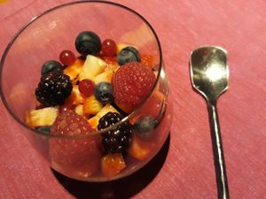 Raw Chocolate Pudding topped with fresh berries for dessert at Summer House at Spice Market and Summer House in Musandam