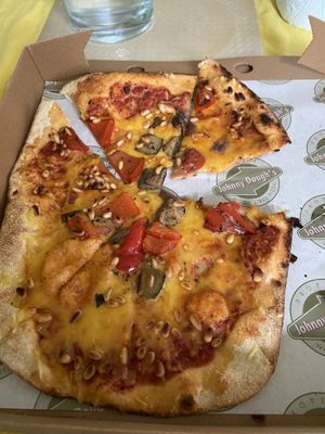 Mediterranean vegetable pizza with vegan cheese  at Johnny Dough's Wood-Fired Pizza in Llandudno