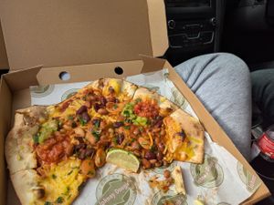 My lovely take away five bean vegan pizza. Yum yum at Johnny Dough's Wood-Fired Pizza in Llandudno