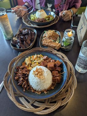 Our two menus! (in the middle of the table, soya chunks on the left and sate in the right) at Pasundan in Nijmegen