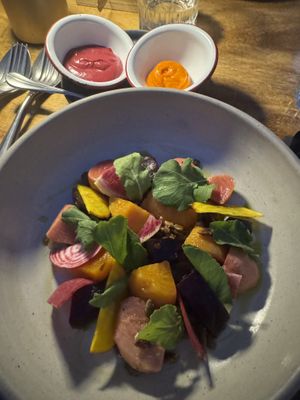 My beautiful beet salad! Raspberry and carrot dressings on the side at my request.   at Acre in San Jose Del Cabo